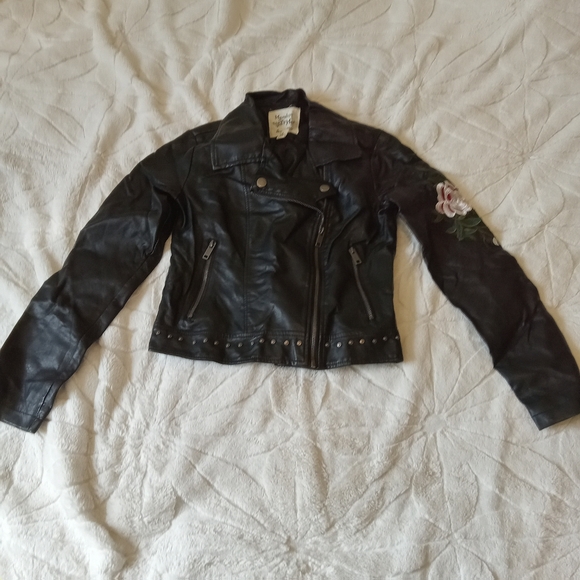 Maralyn & Me Black Faux Leather Jacket with Floral Embroidery - Picture 1 of 3